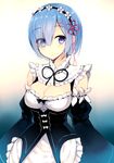  blue_eyes blue_hair breasts cleavage detached_sleeves dress eyes_visible_through_hair frills hair_ornament hair_over_one_eye hairband looking_at_viewer maid maid_headdress medium_breasts re:zero_kara_hajimeru_isekai_seikatsu rem_(re:zero) ribbon short_hair solo x_hair_ornament yadapot 