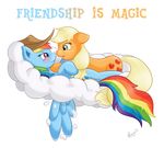  2012 applejack_(mlp) blonde_hair cutie_mark duo earth_pony equine female feral freckles friendship_is_magic green_eyes hair hat horse mammal multicolored_hair my_little_pony pegasus pony rainbow_dash_(mlp) rainbow_hair ratofdawn_(artist) smile wings 