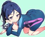  all_fours ass bangs blue_background blue_hair bodysuit breasts chin_rest cleavage clenched_hand commentary_request crossed_arms from_side green_background hanging_breasts high_ponytail knees_together_feet_apart long_hair long_ponytail looking_at_viewer love_live! love_live!_sunshine!! matsuura_kanan medium_breasts naughty_face outline parted_bangs ponytail purple_eyes simple_background single_vertical_stripe smile solo swept_bangs tam-u wet wetsuit 