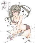  bed bed_sheet blush bra breast_conscious breast_hold breast_padding breasts brown_bra brown_panties character_name commentary_request cushion door grey_eyes grey_hair hair_between_eyes hair_ribbon kantai_collection knocking looking_down open_mouth pads panties ribbon rizzl signature small_breasts solo stomach thighs translated underwear underwear_only wavy_mouth white_ribbon zuikaku_(kantai_collection) 
