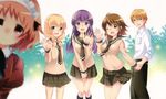  4girls :d ;d absurdres arai_cherry beige_shirt black_legwear black_neckwear blonde_hair blurry blush braid breasts brown_eyes brown_hair collared_shirt depth_of_field glasses hair_between_eyes hayama_teru highres juliet_sleeves kneehighs knees_together_feet_apart long_hair long_sleeves looking_at_viewer maid maid_headdress medium_breasts multiple_girls necktie nishikawa_youko nose_blush odagiri_futaba official_art one_eye_closed open_mouth orange_hair photobomb pink_eyes pleated_skirt puffy_sleeves purple_eyes purple_hair rimless_eyewear sansha_san'you school_uniform serafuku shirt short_hair signature skirt smile sonobe_shino sweatdrop thighhighs twin_braids waving white_shirt wing_collar yamaji_mitsugu yellow_eyes yellow_legwear 