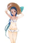  :d alternate_costume aqua_hair armpits arms_up bikini bikini_skirt blue_eyes blue_hair branch_(blackrabbits) breasts gradient_hair hands_on_headwear hands_up hat kantai_collection long_hair looking_at_viewer multicolored_hair navel open_mouth samidare_(kantai_collection) simple_background small_breasts smile solo stomach straw_hat swimsuit very_long_hair white_background white_bikini 