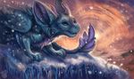  ambiguous_gender blue_eyes blue_fur day detailed_background dragon feathered_dragon feathered_wings feathers feral flashw fur ice outside purple_fur smile snow snowing solo wings 
