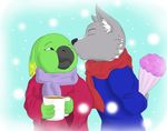  2016 anthro avian beak bird blue_eyes canine clothed clothing cup flower fur green_skin grey_fur hamili kissing male mammal outside parrot plant snow standing winter wolf 