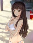  bad_id bad_pixiv_id bikini blurry breasts brown_eyes brown_hair cleavage depth_of_field hands_on_own_chest hinoshita_akame large_breasts long_hair looking_at_viewer navel original sketch solo sweat swimsuit upper_body white_bikini 