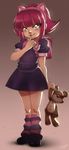  animal_ears annie_hastur bag cat_ears dress finger_in_mouth green_eyes hair_ornament league_of_legends leg_warmers pink_hair purple_dress school_bag shoes short_hair smile striped striped_legwear stuffed_animal stuffed_toy teddy_bear tibbers 