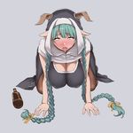  1girl ahegao all_fours aqua_hair blush braid breasts cleavage drunk erect_nipples female granblue_fantasy gray_background hanging_breasts huge_breasts large_breasts long_hair memememe nun open_mouth pantyhose pointy_ears rumredda simple_background solo tears tongue twin_braids 