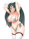  /\/\/\ 1girl areola_slip areolae arms_up bikini blush breasts covered_nipples green_eyes green_hair groin hair_between_eyes halterneck highres huge_breasts isuzu_(kantai_collection) kantai_collection long_hair looking_at_viewer micro_bikini navel side-tie_bikini simple_background solo striped striped_bikini surprised sweat swimsuit thighhighs twintails undressing very_long_hair white_background white_legwear yamaori 
