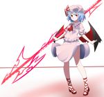  absurdres ascot bad_id bad_pixiv_id bat_wings blue_hair full_body hat hat_ribbon highres leg_ribbon looking_at_viewer mob_cap puffy_sleeves red_eyes remilia_scarlet ribbon shirt shoes short_hair short_sleeves skirt skirt_set smile solo spear_the_gungnir touhou upskirt white_background wings yusake_san 