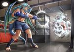  armpits barefoot blue_eyes blue_hair blush boxing_gloves commentary destruction dragon_girl dragon_wings gym horn long_hair maxa' muscle muscular_female navel original punching punching_bag shorts solo sweat tank_top toeless_legwear toes trophy_stand wall wings 