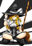  blonde_hair boots braid breasts broom bugge_man full_body grin hair_over_one_eye hat highres indian_style kirisame_marisa medium_breasts side_braid single_braid sitting smile solo touhou witch_hat yellow_eyes 