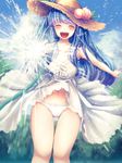  ^_^ aiming_at_viewer alternate_costume alternate_headwear ass_visible_through_thighs bad_id bad_pixiv_id blue_hair blue_sky blurry blurry_background blush breasts closed_eyes cloud collarbone cowboy_shot day dress dress_lift dutch_angle food forest fruit happy hat highres hinanawi_tenshi hose large_breasts long_hair maru_daizu_(aqua6233) nature navel open_mouth outstretched_arm panties pantyshot pantyshot_(standing) peach sky sleeveless sleeveless_dress smile solo spraying standing strapless straw_hat sundress teeth thigh_gap thighs tongue touhou tree underwear upskirt water white_dress white_panties wind wind_lift 