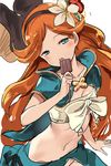 blue_eyes blush cape commentary_request flower food granblue_fantasy hair_flower hair_ornament hairband highres long_hair looking_at_viewer navel open_mouth orange_hair popsicle sara_(granblue_fantasy) solo strapless tubetop upper_body very_long_hair yamacchi 