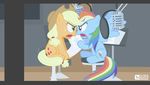  angry applejack_(mlp) arguing blonde_hair blue_feathers cutie_mark dm29 duo earth_pony equine feathered_wings feathers female feral freckles friendship_is_magic fur green_eyes hair hat horse mammal microphone multicolored_hair my_little_pony paper pegasus pony rainbow_dash_(mlp) rainbow_hair recording_studio script wings 