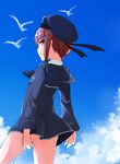  back bird blue_sky cloud comah day flock from_behind hat kantai_collection looking_at_viewer looking_back red_hair sailor_collar short_hair sky solo z3_max_schultz_(kantai_collection) 