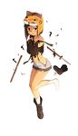  blush bra broken broken_weapon brown_hair covering covering_breasts formation_girls highres kinta_(distortion) official_art panties sasai_kira school_uniform shinai shoes short_hair shorts simple_background single_shoe solo sword tiger_hat torn_clothes underwear weapon white_background 