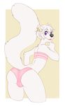  2016 anthro bikini blush bulge butt chocoteenie clothed clothing crossdressing ear_piercing fur girly hair leaning leaning_forward looking_back male mammal mink mustelid piercing portrait rear_view simple_background smile solo standing swimsuit thick_thighs three-quarter_portrait tube_top vinon white_fur white_hair 