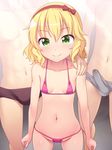  2boys blonde_hair bra breasts erection erection_under_clothes green_eyes hand_on_shoulder highres idolmaster idolmaster_cinderella_girls multiple_boys panties penis sakurai_momoka small_breasts smile solo_focus totokichi underwear 