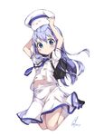  :&lt; angora_rabbit animal animal_on_head arms_up blue_eyes blue_hair blush bunny bunny_on_head commentary_request gochuumon_wa_usagi_desu_ka? hair_ornament hairclip kafuu_chino kafuu_chino's_school_uniform long_hair looking_at_viewer necktie newey on_head school_uniform skirt solo tippy_(gochiusa) x_hair_ornament 