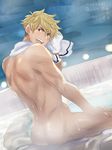  @@@ ass bad_id bad_pixiv_id blonde_hair blush dutch_angle from_behind granblue_fantasy green_eyes hand_on_own_thigh male_focus muscle nude onsen rock sitting smile soaking_feet solo steam sweat towel towel_around_neck vane_(granblue_fantasy) water wet 
