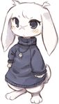  7010 ambiguous_gender anthro blue_eyes blush cave_story clothed clothing fur jewelry lagomorph mammal mimiga necklace scar solo standing sue_sakamoto sweater video_games white_fur 