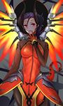  absurdres bodysuit breasts cowboy_shot demon_horns demon_tail devil_mercy glowing glowing_wings high_ponytail highres horns looking_at_viewer mechanical_halo mechanical_wings medium_breasts mercy_(overwatch) mole mole_under_eye overwatch parted_lips purple_hair red_eyes red_wings slit_pupils solo spread_wings staff tail wings ytoy 