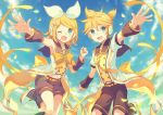  1boy 1girl ;d armpits bangs black_legwear black_sailor_collar black_shorts black_sleeves blonde_hair blue_eyes blue_sky bow brother_and_sister choke_(amamarin) cloud day detached_sleeves eyebrows_visible_through_hair hair_between_eyes hair_bow hairband headphones headset kagamine_len kagamine_rin leg_up leg_warmers looking_at_viewer microphone midriff navel one_eye_closed one_side_up open_mouth outdoors outstretched_arm outstretched_arms parted_bangs petals ribbon sailor_collar short_hair short_shorts short_sleeves shorts siblings sky smile standing standing_on_one_leg stomach vocaloid white_bow white_footwear white_hairband yellow_neckwear yellow_ribbon 