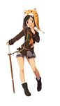  blush brown_hair formation_girls highres kinta_(distortion) official_art sasai_kira school_uniform shinai short_hair shorts simple_background solo sword tiger_hat torn_clothes weapon white_background 