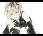  1boy bare_shoulders belt blonde_hair blue_eyes detached_sleeves half-closed_eyes kagamine_len letterboxed male_focus nail_polish open_mouth project_diva project_diva_2nd saegome short_shorts shorts simple_background sleeveless_shirt smile solo speaker thigh_boots v-neck vocaloid white_background yellow_nails zettai_ryouiki 
