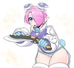  blue_eyes blush breasts cleavage cleavage_cutout hair_ornament hair_over_one_eye knife kukri large_breasts looking_at_viewer open_mouth original pink_hair pointy_ears rei_(holyspirit) short_hair solo thighhighs weapon zefirumu 