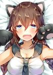  animal_ears aozora_nan bare_shoulders bed_sheet blue_eyes braid breasts brown_hair cat_ears cleavage gloves hair_between_eyes highres kantai_collection large_breasts long_hair looking_at_viewer lying noshiro_(kantai_collection) on_back open_mouth paw_gloves paws school_uniform serafuku shirt sleeveless sleeveless_shirt solo twin_braids upper_body 