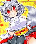  animal_ears autumn_leaves bare_shoulders breasts detached_sleeves hat inubashiri_momiji large_breasts leaf looking_at_viewer obi pom_pom_(clothes) red_eyes sash shikishi short_hair silver_hair skirt solo surigoma tail tokin_hat touhou wolf_ears wolf_tail 