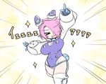  &gt;_&lt; :d arm_up bangs blush breasts cleavage cleavage_cutout closed_eyes commentary_request hair_ornament large_breasts open_mouth original outstretched_arm phantasy_star phantasy_star_zero pink_hair pointing pointing_up pointy_ears rei_(holyspirit) short_hair smile solo thighhighs xd zefirumu 