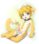  androgynous animal_ears barefoot blonde_hair blush erection fang headphones kagamine_rin kagerofu open_mouth penis precum solo tail vocaloid 