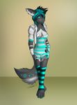  anthro breasts canine clothed clothing female legwear looking_at_viewer mammal nipple_tape pasties sierraex simple_background smile solo standing striped_legwear stripes tape 