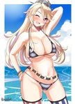  ass_visible_through_thighs belt bikini blonde_hair blue_eyes breasts cameltoe iowa_(kantai_collection) kantai_collection kurokku large_breasts long_hair loose_belt one_eye_closed solo standing star star-shaped_pupils striped striped_legwear swimsuit symbol-shaped_pupils thighhighs vertical-striped_legwear vertical_stripes 
