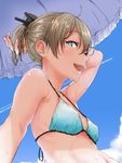  absurdres aoi_chizuru aqua_eyes bare_shoulders bikini blue_bikini blue_sky blush breasts brown_hair cloud collarbone commentary_request day eyebrows_visible_through_hair face hair_ornament highres kantai_collection kumano_(kantai_collection) looking_at_viewer navel open_mouth outdoors ponytail short_hair short_ponytail sitting sky small_breasts smile solo sweat swimsuit upper_body 