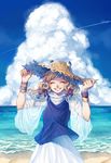  ^_^ bangle bangs beach blonde_hair blouse blue_blouse blue_sky bracelet clenched_teeth closed_eyes cloud condensation_trail cowboy_shot day dress eyes facing_viewer fleur-de-lis grin hair_ribbon hand_on_headwear hat highres horizon jewelry makeup mascara moriya_suwako ocean outdoors ribbon see-through signature sky smile solo straw_hat sun_hat teeth touhou tress_ribbon water white_dress wide_sleeves 