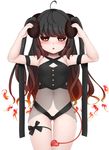  absurdres ahoge armpits ass_visible_through_thighs bad_id bad_pixiv_id black_hair black_sclera blush bondage_outfit bow breasts chestnut_mouth commentary demon_horns demon_tail eyebrows eyebrows_visible_through_hair gradient_hair heart highres holding horns long_hair mapar multicolored_hair navel original red_eyes see-through simple_background skindentation small_breasts solo tail thigh_gap thigh_strap white_background 