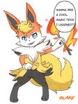  anthro blaketheflareon blaketheflareon(char) blue_eyes braixen canine eeveelution fire flareon fox fur hybrid looking_at_viewer mammal nintendo pok&eacute;mon semi-anthro simple_background speech_bubble text video_games 