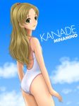  1girl :d ass blue_sky brown_hair character_name cloud cowboy_shot dutch_angle from_behind green_eyes hair_bobbles hair_ornament long_hair looking_back minamino_kanade open_mouth ponytail precure sekken_kasu_barrier sky smile solo standing suite_precure swimsuit very_long_hair white_swimsuit 