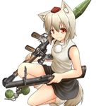  :3 animal_ears bare_arms bare_shoulders black_skirt closed_mouth explosive grenade grenade_launcher grey_legwear hat holding holding_weapon inubashiri_momiji kneeling kunsei_hamu m79 miniskirt pom_pom_(clothes) red_eyes red_hat rocket_launcher rpg rpg-7 shirt short_hair silver_hair simple_background skirt sleeveless sleeveless_shirt smug socks solo tabi tail tokin_hat touhou weapon white_background wolf_ears wolf_tail 