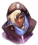  absurdres ana_(overwatch) braid closed_mouth coat dark_skin eyepatch face facial_mark facial_tattoo grey_hair headband highres hijab hood old_woman overwatch rain_yoo simple_background solo tattoo white_background 