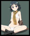  :&lt; arm_support bandage_on_face bandaid bandaid_on_face black_border black_eyes black_hair border bra brave_witches breasts cameltoe caryo gloves kanno_naoe nanashino navel off_shoulder panties short_hair sitting small_breasts solo sports_bra underwear white_bra white_panties world_witches_series 
