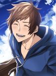  :d blush brown_hair closed_eyes cloud day fighter_(granblue_fantasy) gran_(granblue_fantasy) granblue_fantasy highres hood hoodie male_focus nakamura_hiro_(nobody10ch) open_mouth sky smile solo twitter_username upper_body 