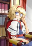  adjusting_eyewear alice_margatroid bespectacled blonde_hair blue_eyes book chair glasses kasuka smile solo touhou 