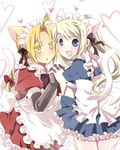  1girl alternate_costume animal_ears apron bad_id bad_pixiv_id blonde_hair blush cat_ears cat_tail colored_eyelashes couple crossdressing edward_elric enmaided eyelashes fullmetal_alchemist hair_ribbon heart hetero holding_hands kemonomimi_mode long_hair maid mitsu_yomogi open_mouth ribbon smile sweatdrop tail winry_rockbell 