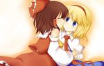  akaharu alice_margatroid bad_id bad_pixiv_id blonde_hair blue_eyes blush bow brown_hair closed_eyes detached_sleeves hair_bow hairband hakurei_reimu holding_hands large_bow multiple_girls profile short_hair touhou yuri 