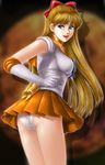  aino_minako armpit_peek ass back_bow bishoujo_senshi_sailor_moon blonde_hair blue_eyes bow choker elbow_gloves gloves highres long_hair magical_girl orange_choker orange_sailor_collar orange_skirt panties red_bow sailor_collar sailor_senshi_uniform sailor_venus skirt solo toten_(der_fuhrer) underwear upskirt white_gloves white_panties 