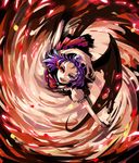  bat_wings dancing fangs forehead from_above hat open_mouth outstretched_arms purple_hair red_eyes remilia_scarlet smile solo spread_arms touhou vetina wings 
